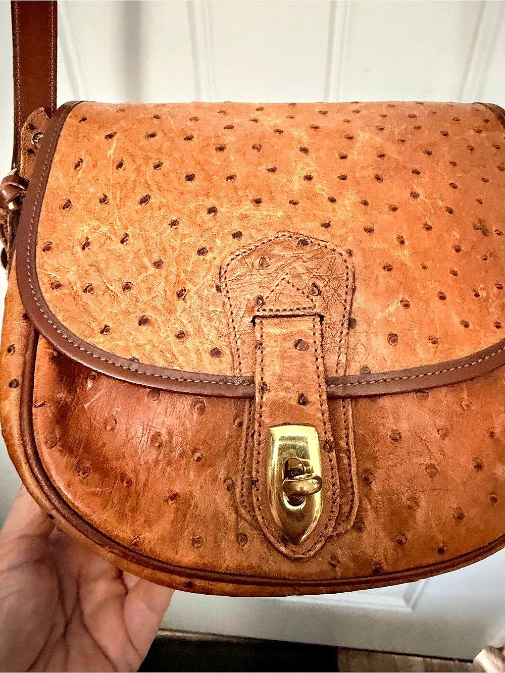 Dooney & Bourke Vintage Ostrich Leather Saddle Bag Brown Crossbody